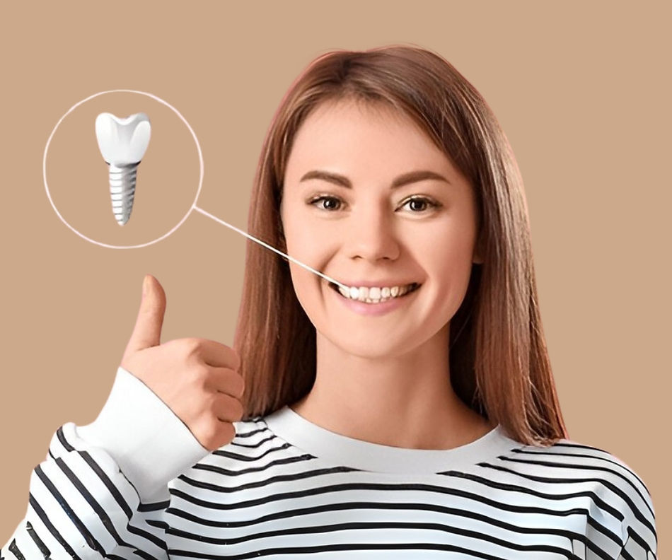 Smiling woman giving a thumbs up with a dental implant illustration beside her face