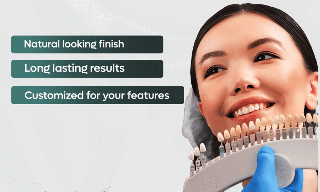 Smiling woman comparing tooth shades with dental color guide