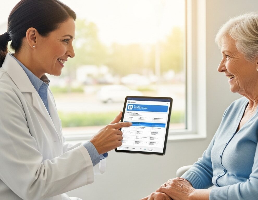 Dentist explaining the Canadian Dental Care Plan coverage to a senior patient.