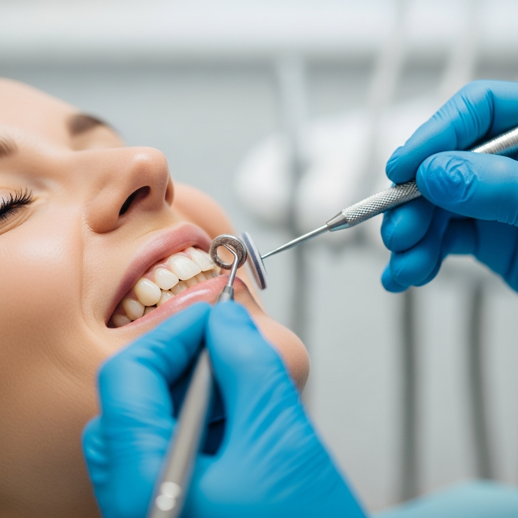 Dental professional polishing veneers during routine maintenance visit