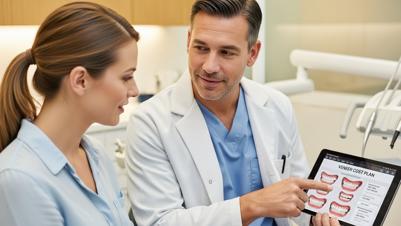 Dentist explaining veneer costs and smile planning in Sherwood Park