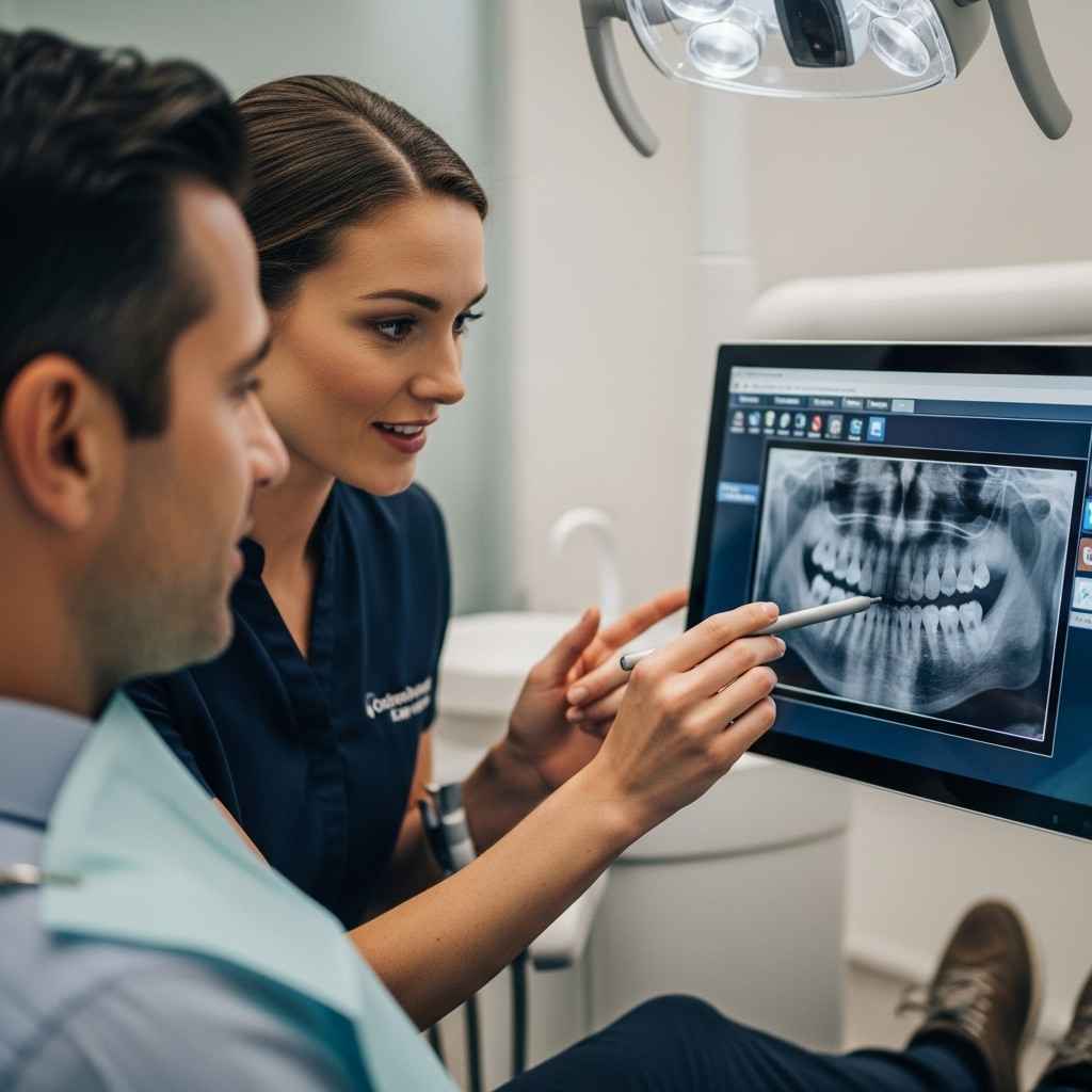 Dentist explaining stages of tooth decay using digital imaging during patient consultation.