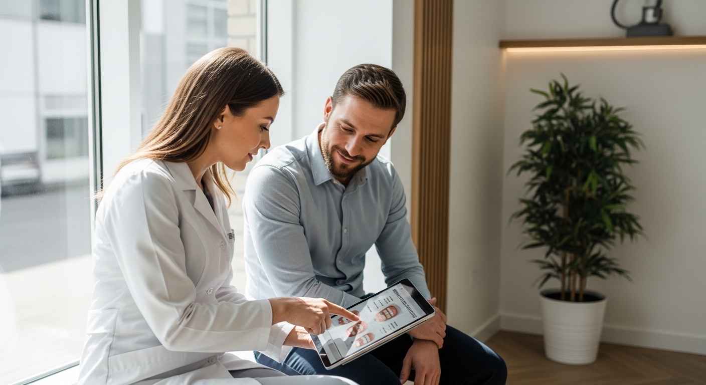 Patient receiving clear dental treatment information including comfort, pricing, and options before filling procedure.