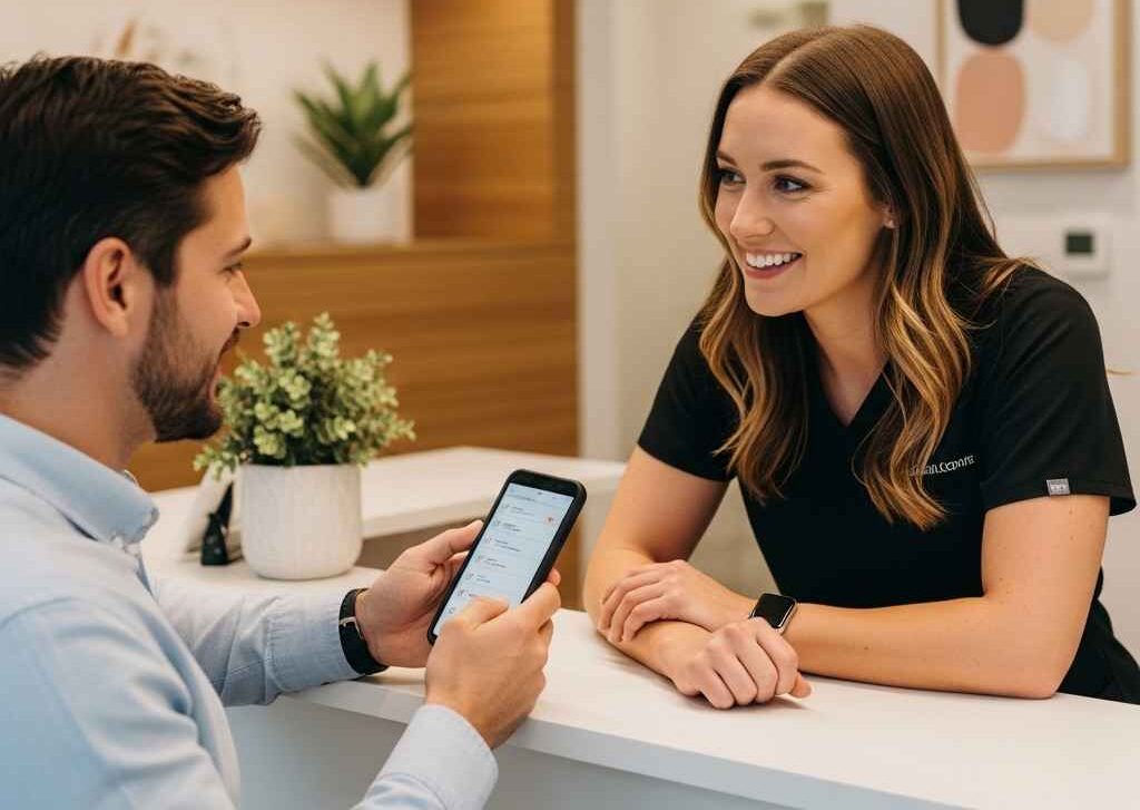 Patient preparing for custom nightguard appointment at dental clinic reception.