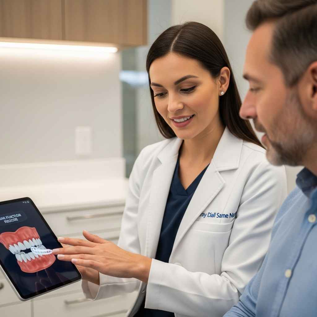 Dentist explaining how a custom nightguard protects teeth and reduces grinding effects during consultation.