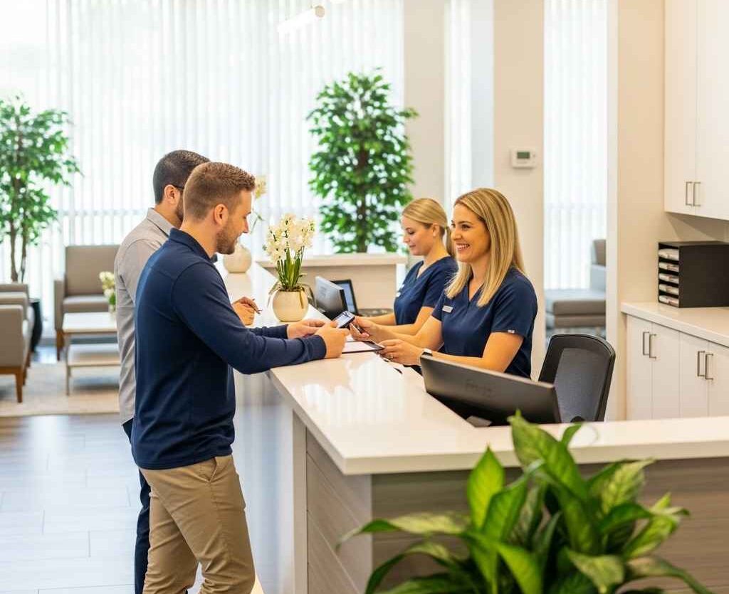 Patient checking in at modern dental clinic offering fast tooth filling appointments near Edmonton.