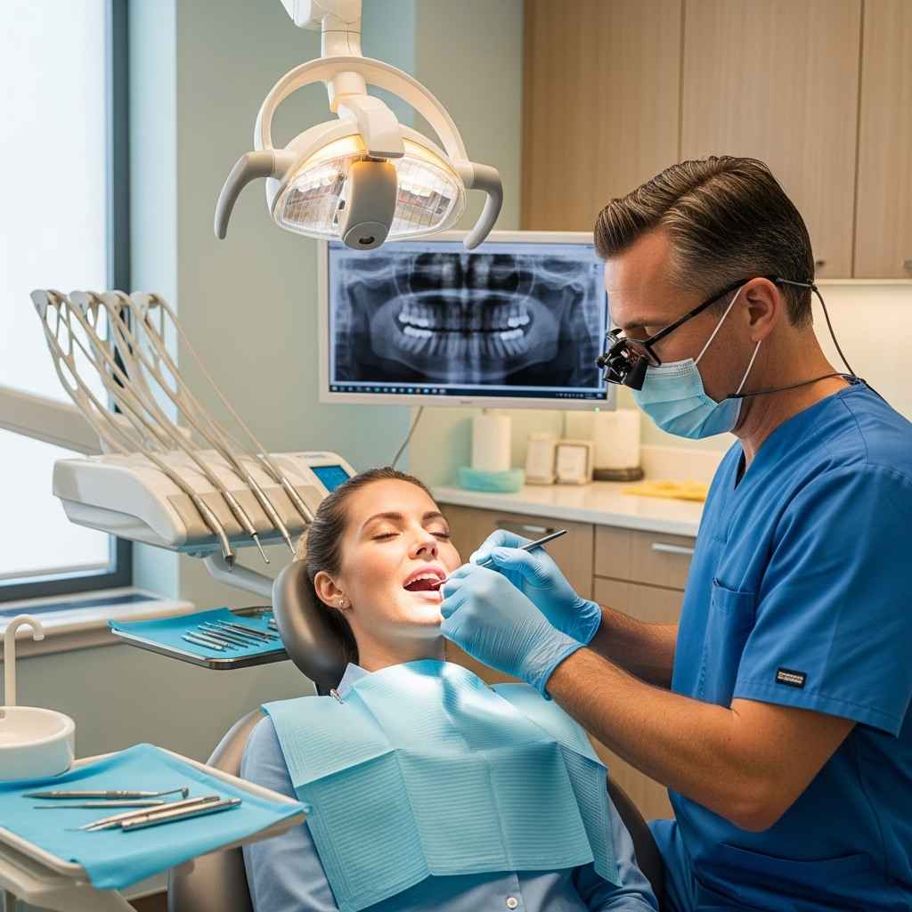 Dentist performing step-by-step tooth filling procedure in comfortable clinical setting.