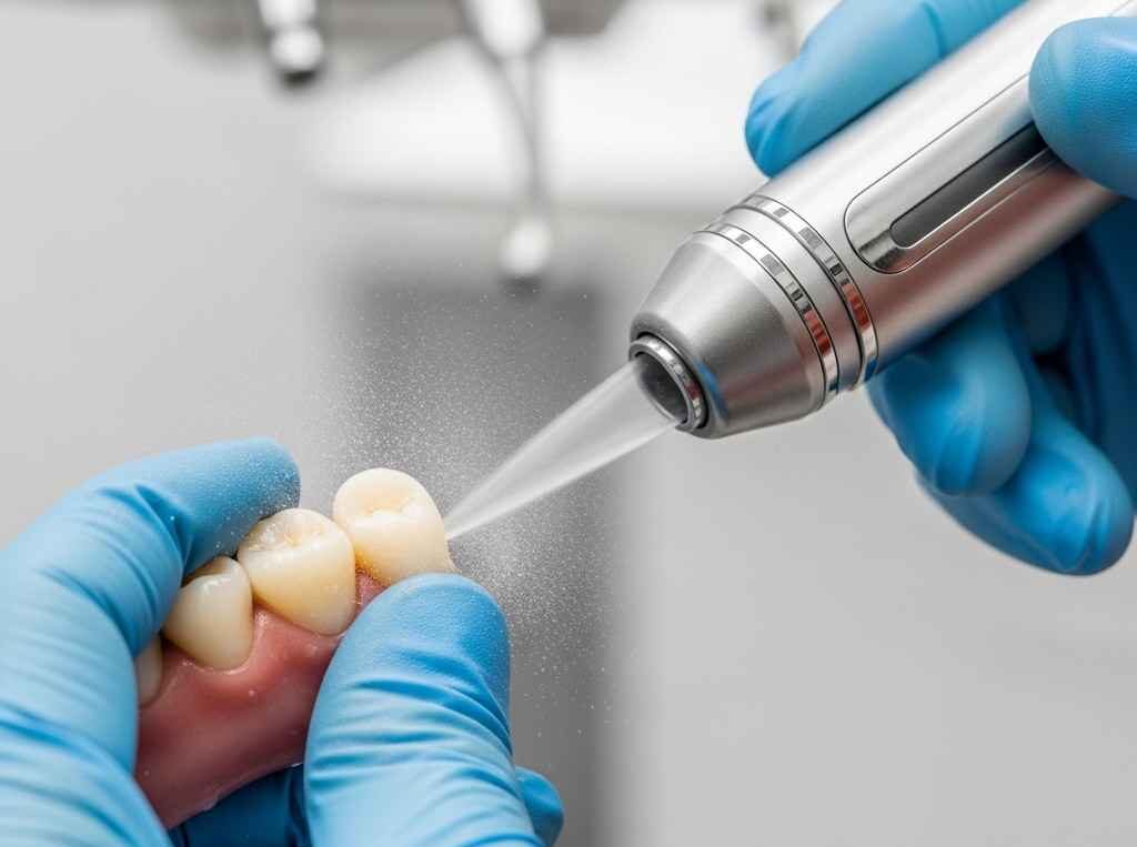 Close-up of advanced airflow teeth cleaning machine performing gentle biofilm removal.