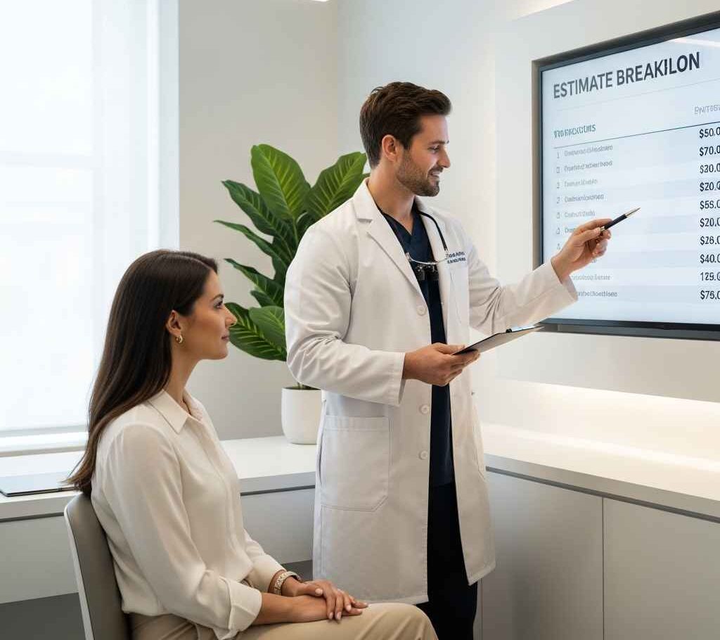 Dentist reviewing tooth cavity filling cost estimate and insurance details with patient.