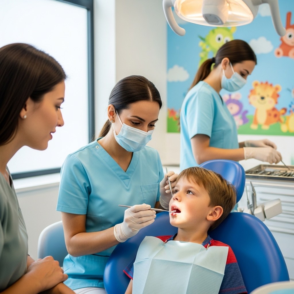 Pediatric dentist performing a gentle dental checkup for a child while explaining the process to the parent