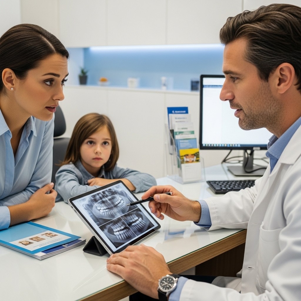 Parent speaking with a dentist about a child’s dental checkup and treatment options