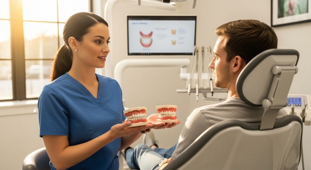 Dentist explaining different types of dental veneers to a patient using tooth models.