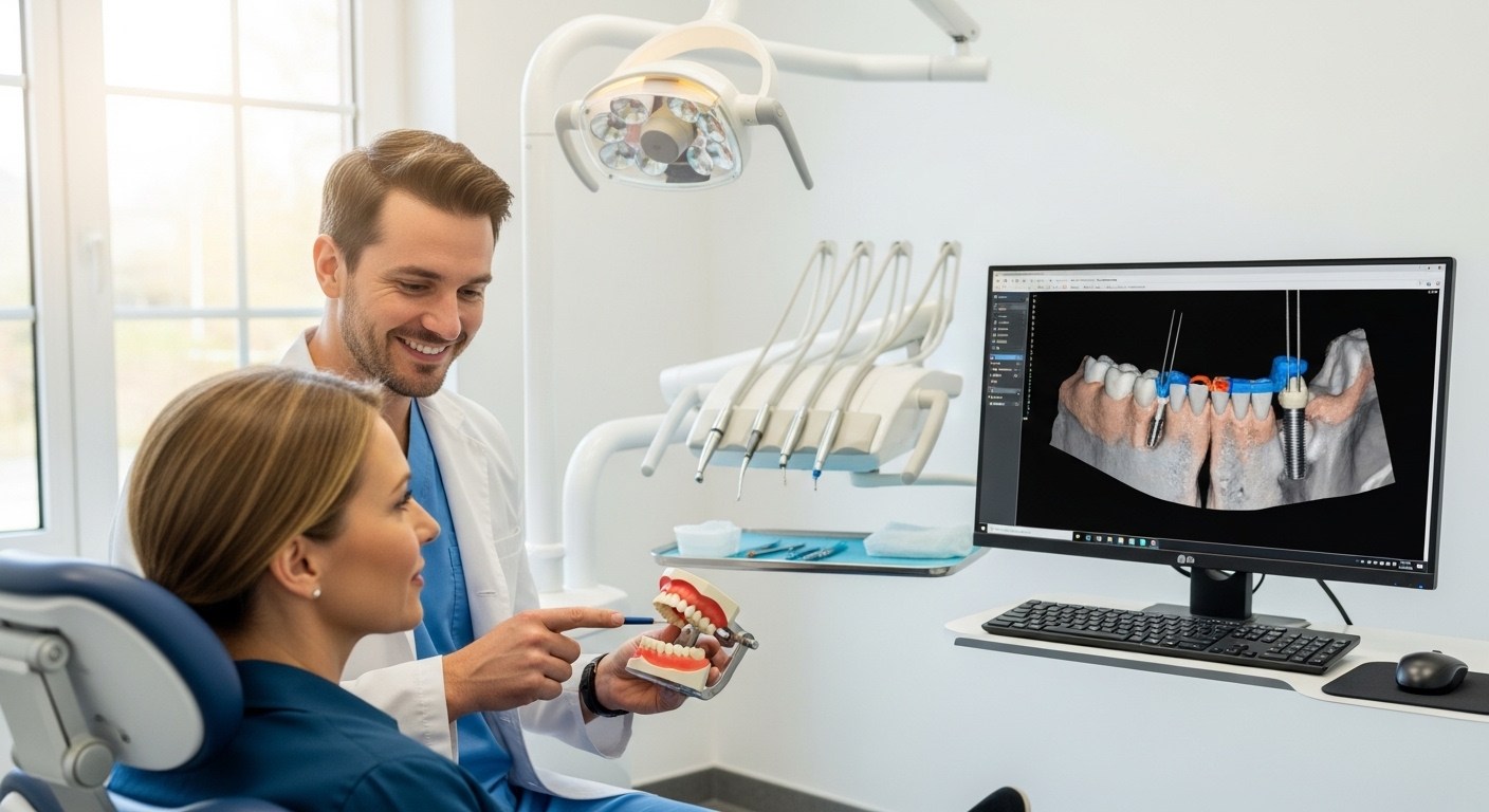 Dentist explaining full arch dental implants to a patient using a jaw model in a dental clinic.
