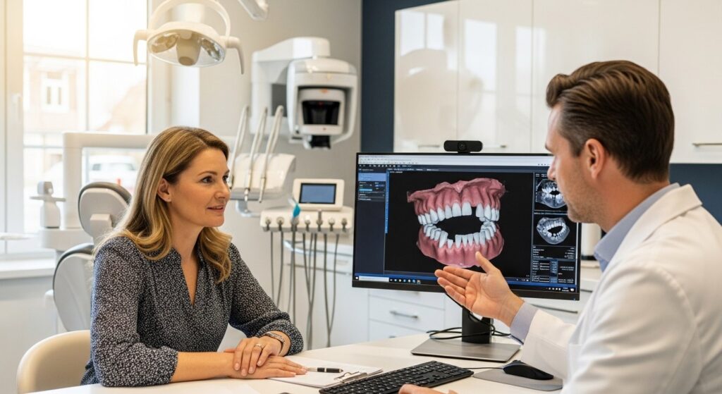 Dentist explaining full arch dental implant treatment plan to patient in a modern dental clinic.