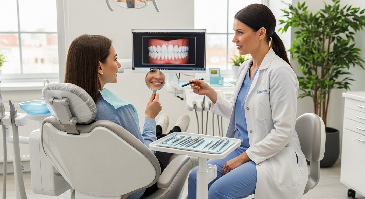 Patient discussing veneers and dental concerns with dentist during consultation.