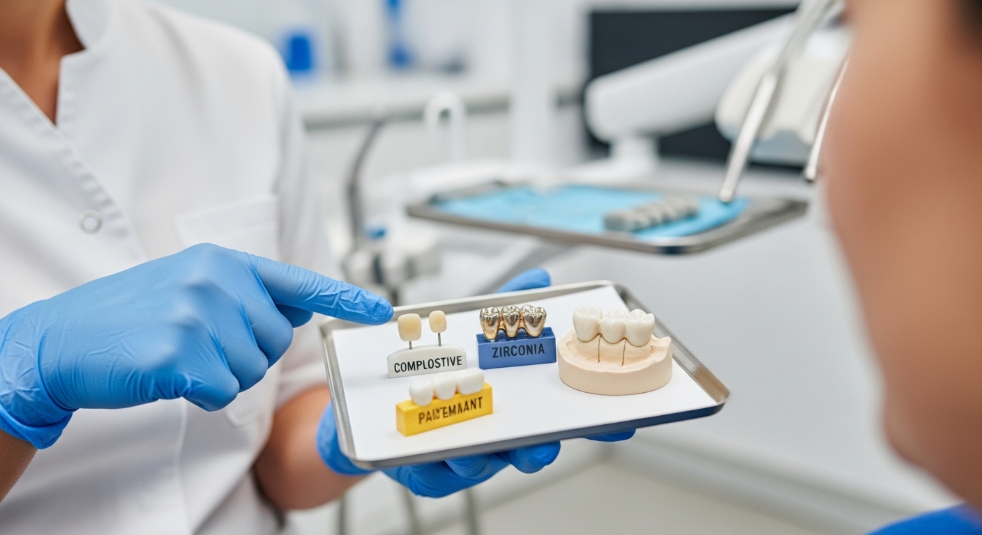 Dentist explaining different dental crown and filling materials to a patient in a clinic.