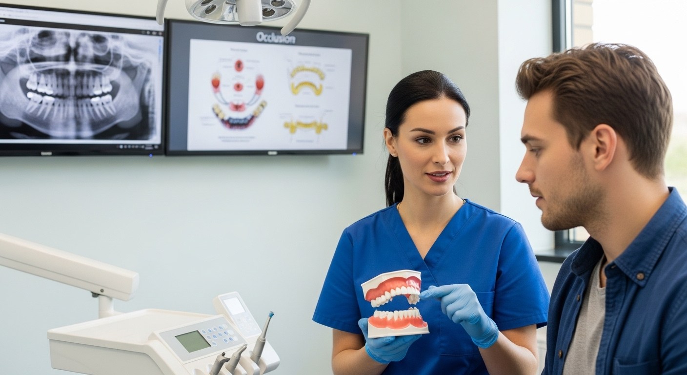 Dentist demonstrating bite alignment and tooth contact using dental model.
