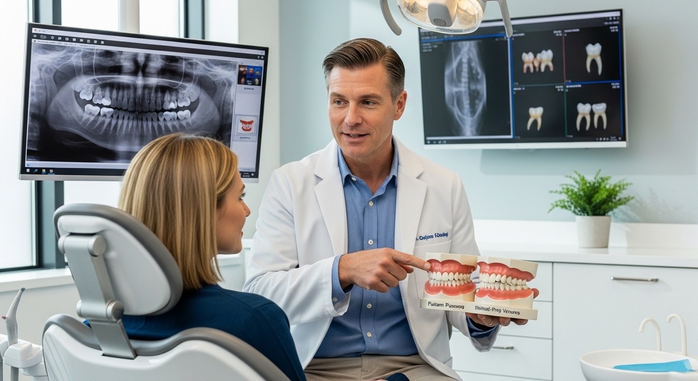 Dentist explaining different veneer types and treatment options using a dental model.