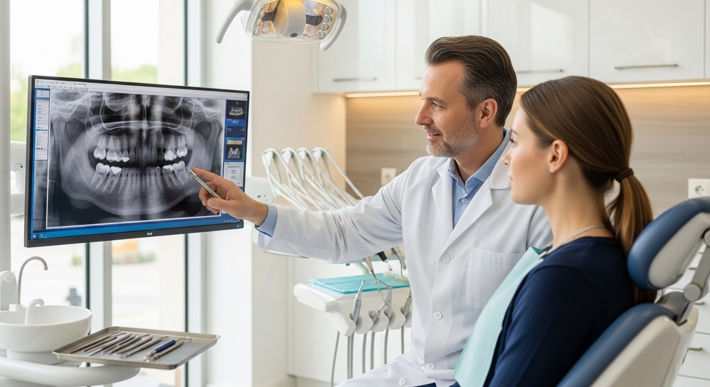 Dentist explaining dental X-rays and tooth condition to patient during treatment consultation.