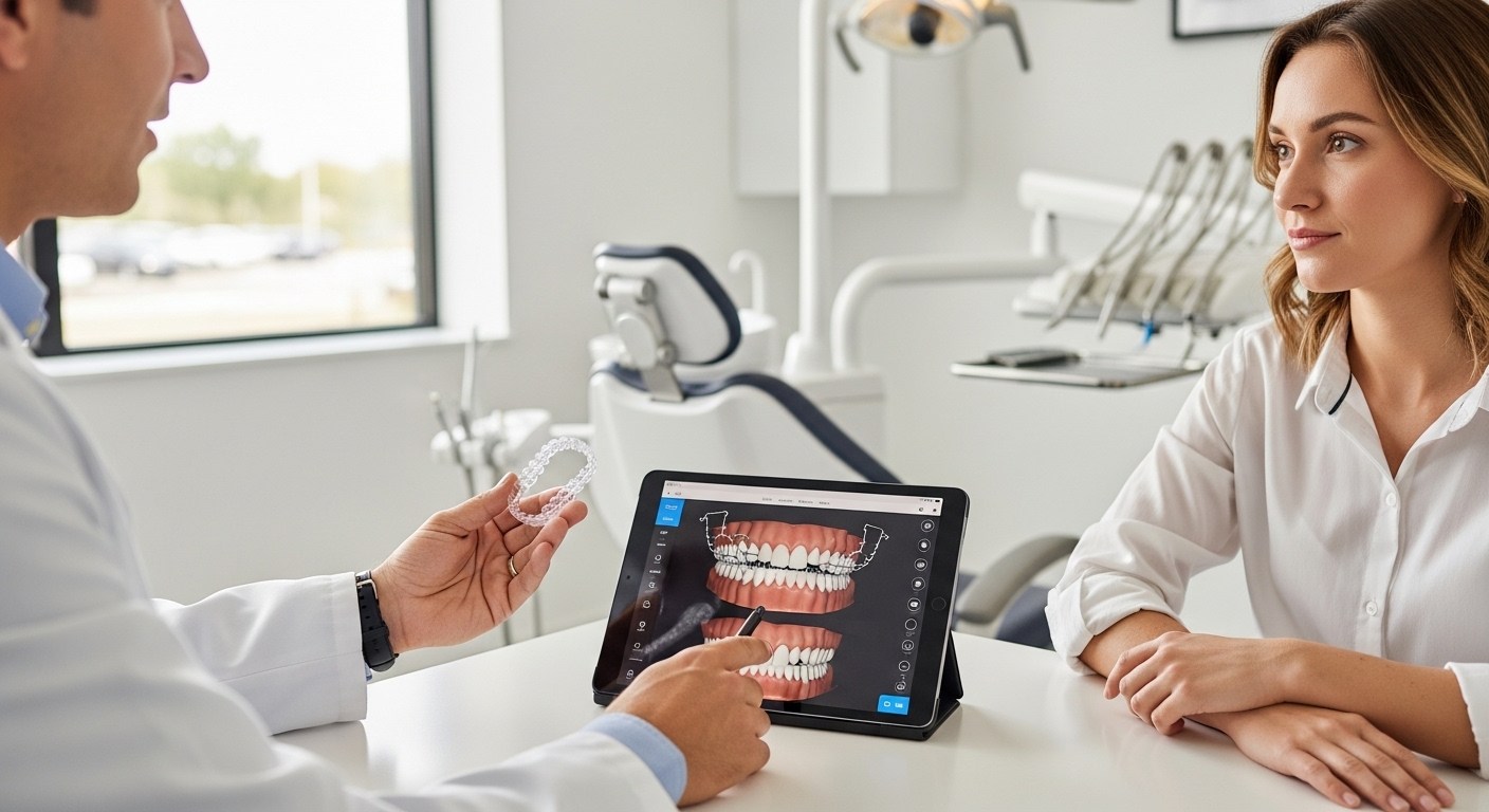 Dentist explaining clear aligner orthodontic treatment using a digital 3D teeth model.