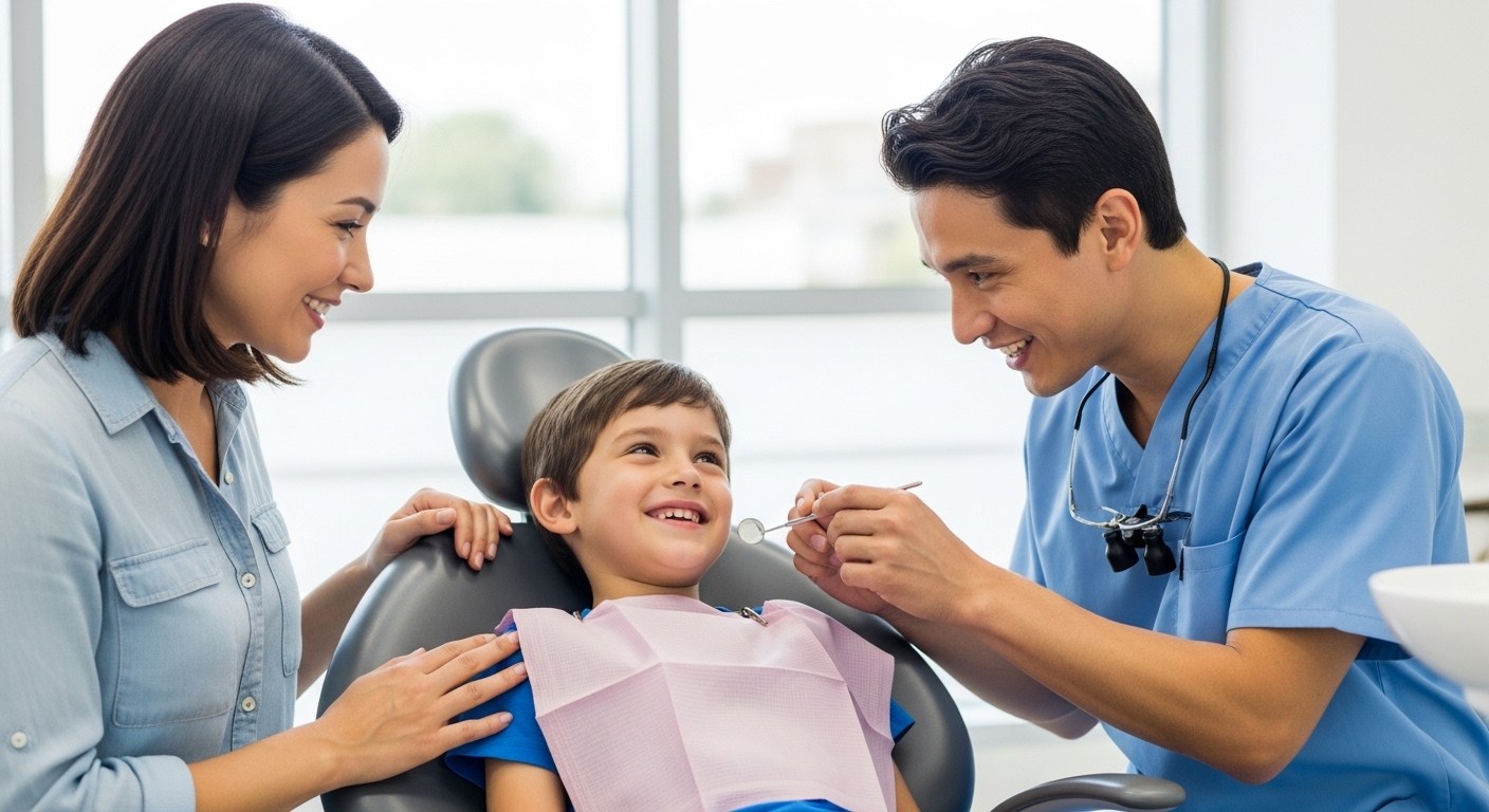 Child comfortably receiving a gentle dental exam while parent and dentist communicate calmly