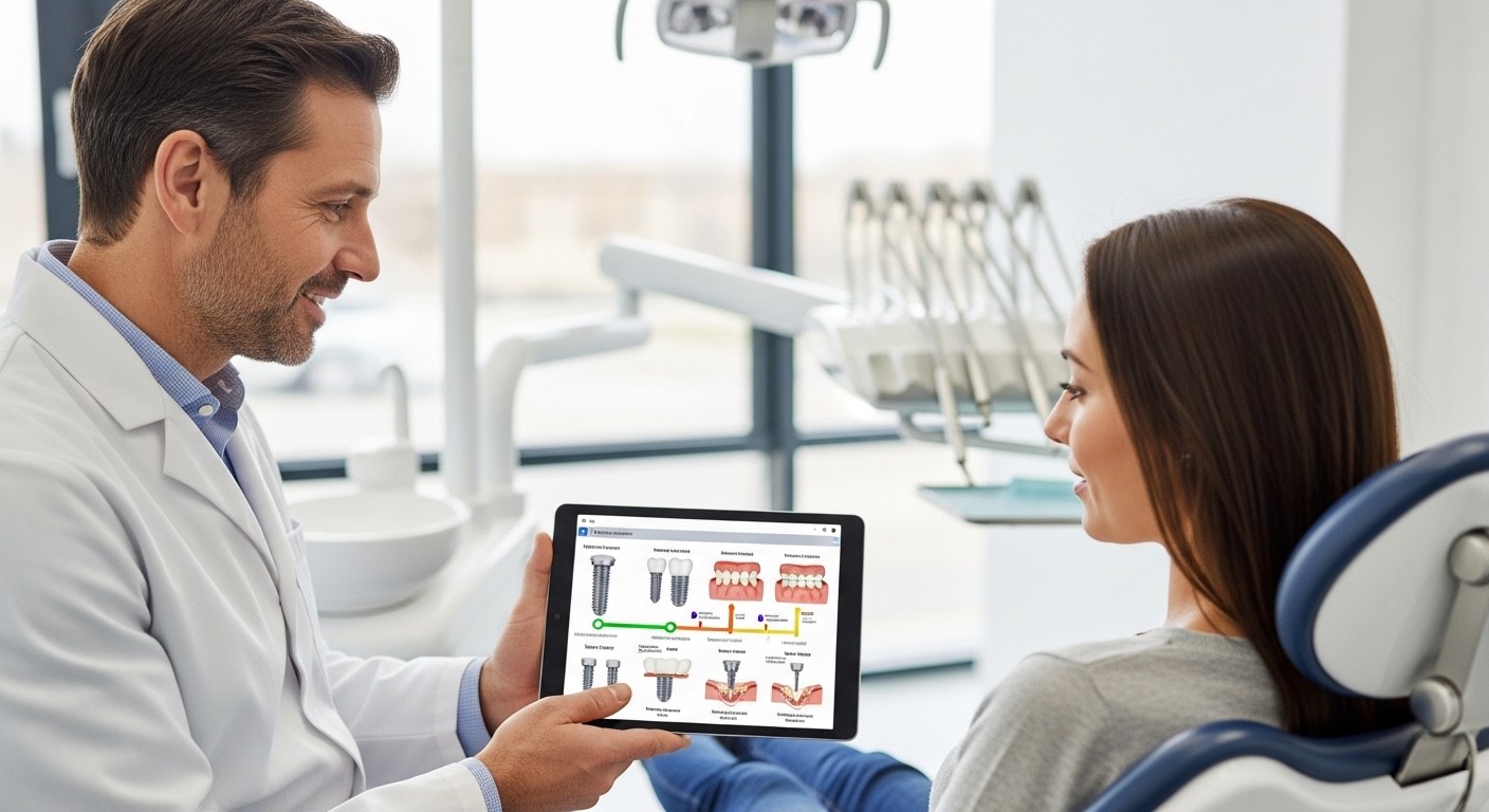 Dentist explaining dental implant treatment timeline to a patient in a dental clinic.