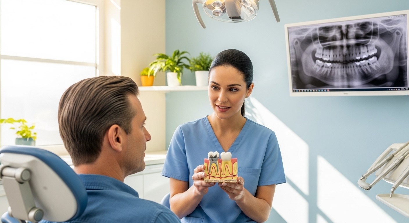 Dentist explaining the difference between a dental filling and crown to a patient in a modern clinic.