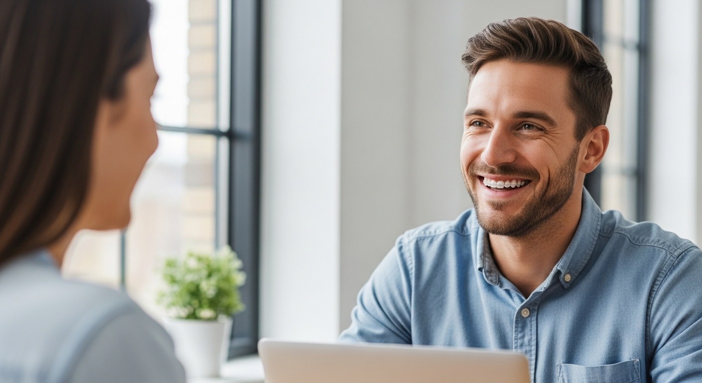 Adult professional smiling confidently while wearing nearly invisible clear aligners.