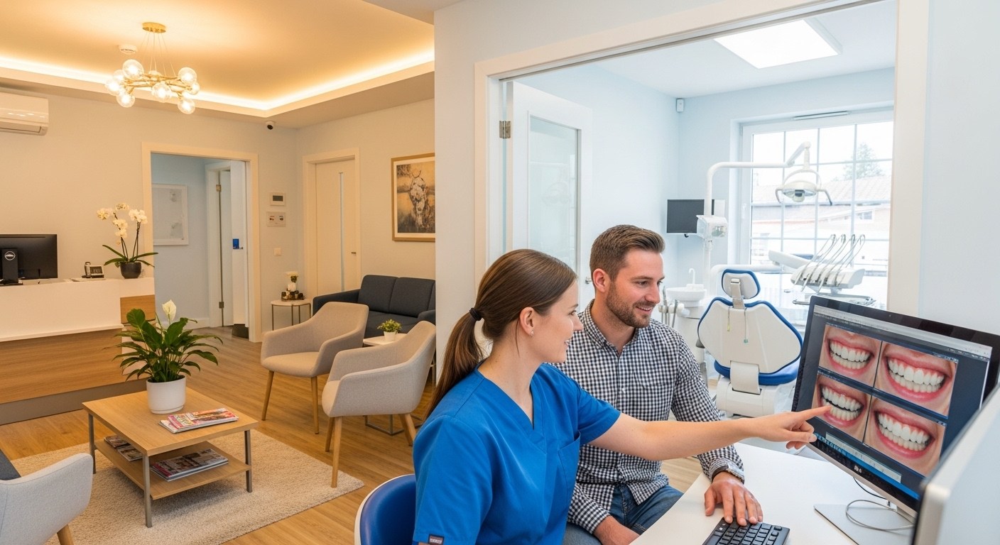 Patient and dentist reviewing smile design during veneer planning at Granada Dental in Sherwood Park.